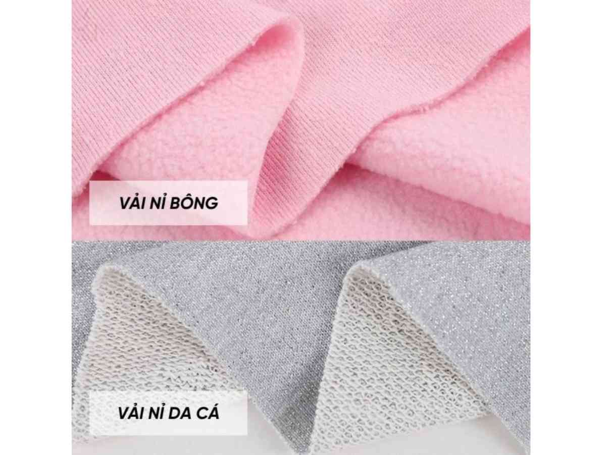 Cận cảnh chất liệu vải nỉ bông dày dặn và vải nỉ da cá có các vòng dệt đặc trưng