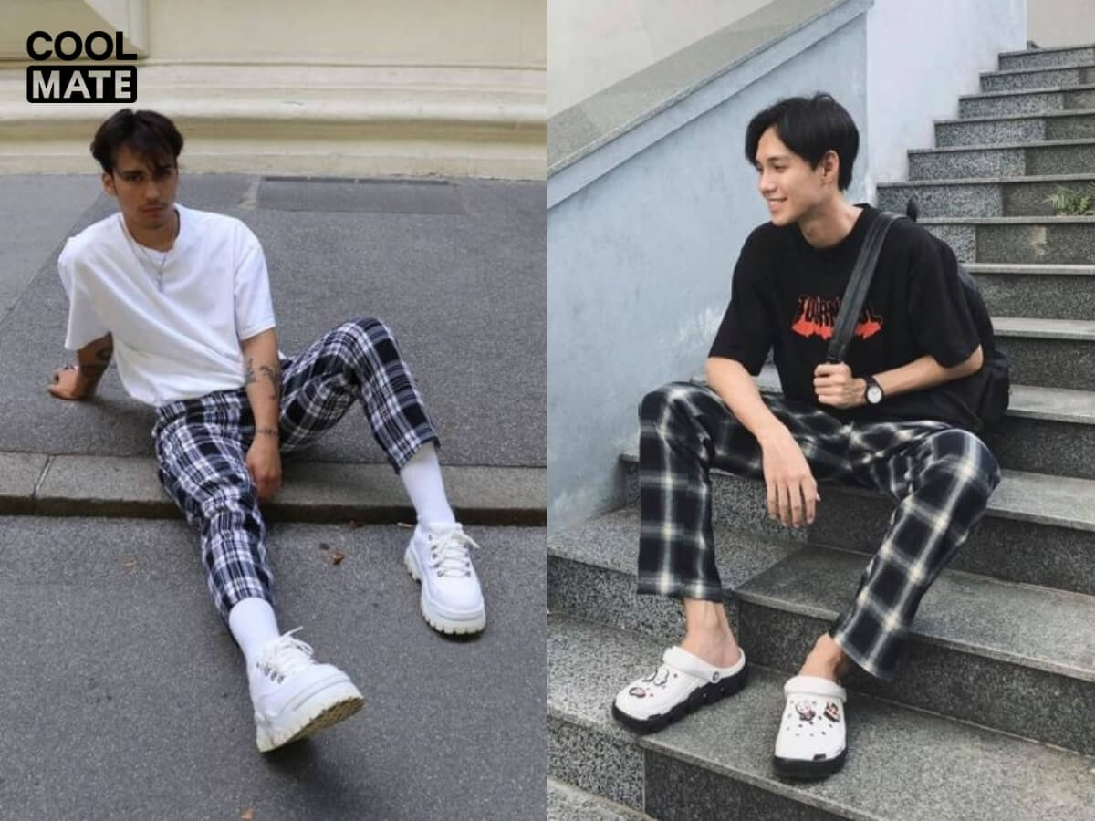 Mix quần kẻ sọc nam với áo thun trơn