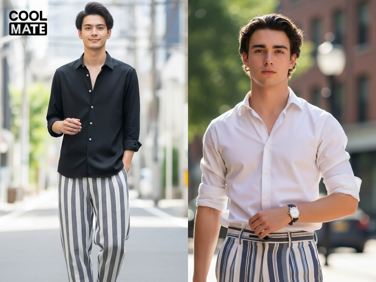 Phối quần kẻ sọc nam với áo sơ mi trơn