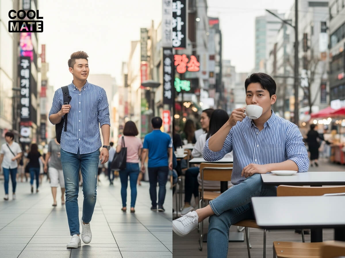 Phối áo sơ mi kẻ sọc nam với quần jeans