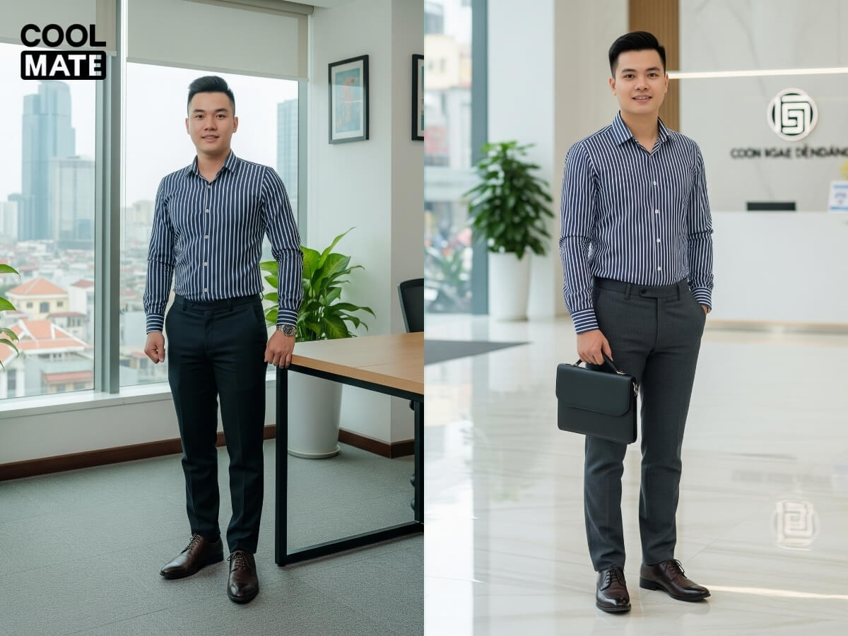 Phối áo sơ mi kẻ sọc nam với quần tây