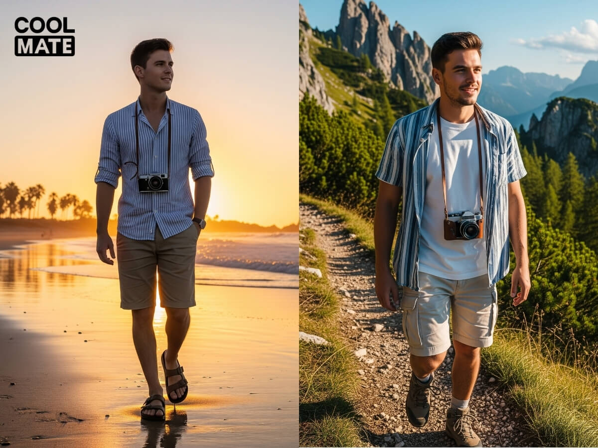 Mix áo sơ mi kẻ sọc nam với quần short