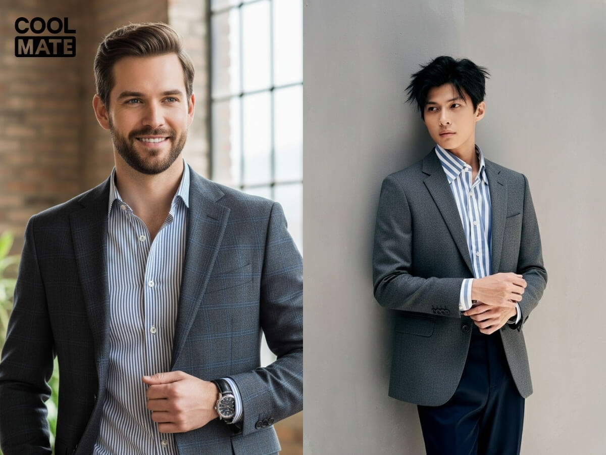 Mix áo sơ mi kẻ sọc nam với blazer