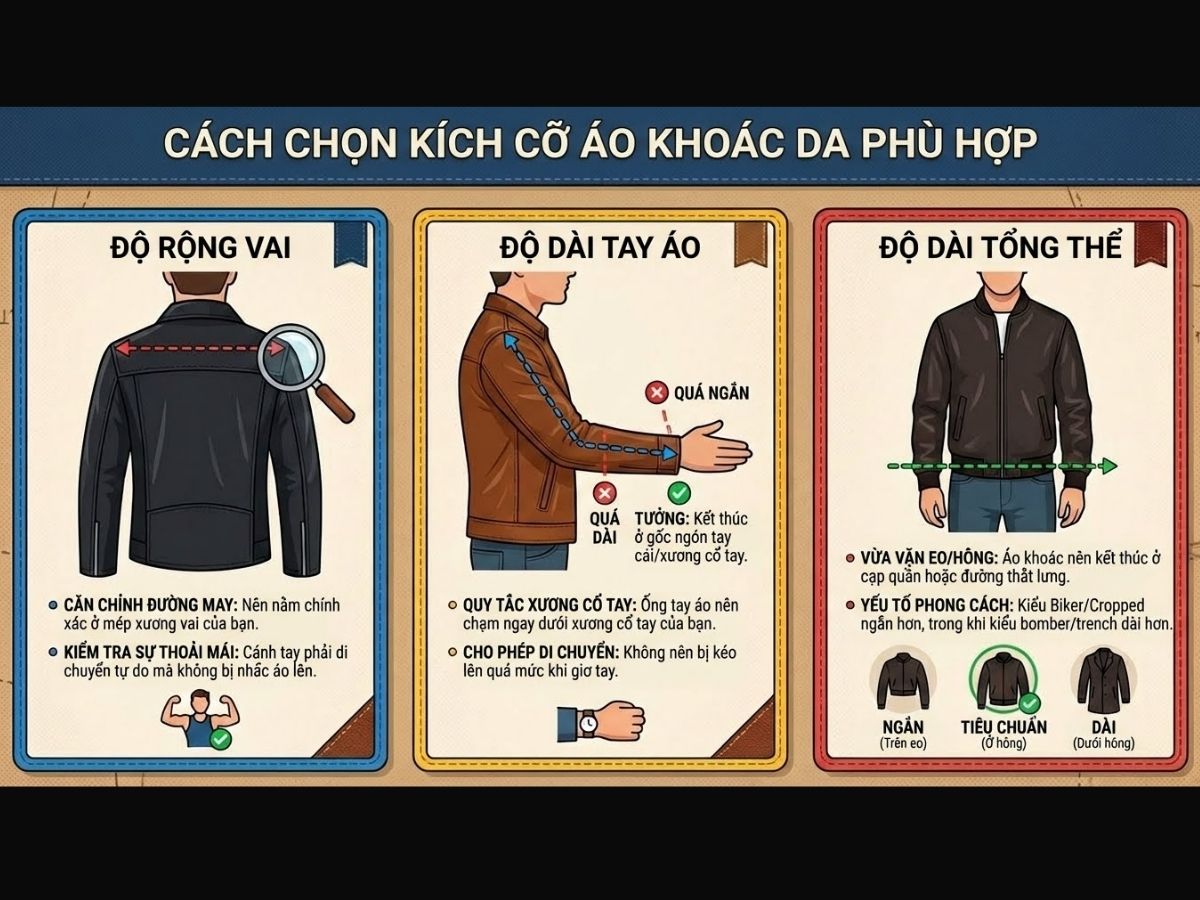 Infographic chỉ ra các điểm cần lưu ý khi chọn size áo da: vai, tay, chiều dài thân áo