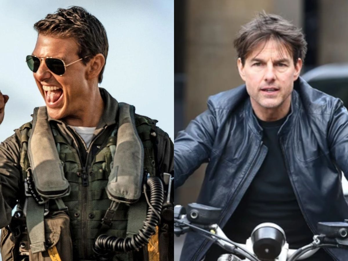 Ảnh Tom Cruise trong vai Maverick (phim Top Gun) với áo bomber da và vai Ethan Hunt (phim Mission Impossible) với áo racer da
