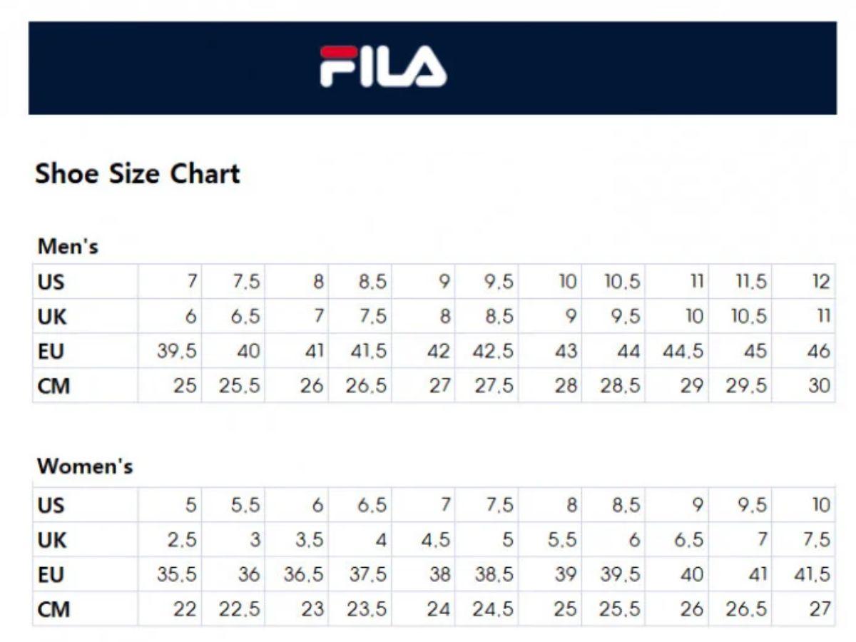 Bảng size giày Fila tham khảo để lựa chọn phù hợp nhất