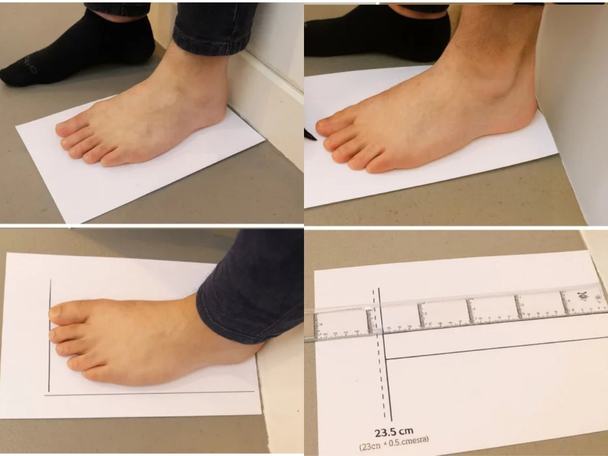 Đặt gót chân chạm tường, đứng thẳng và dùng bút vạch điểm xa nhất của ngón chân