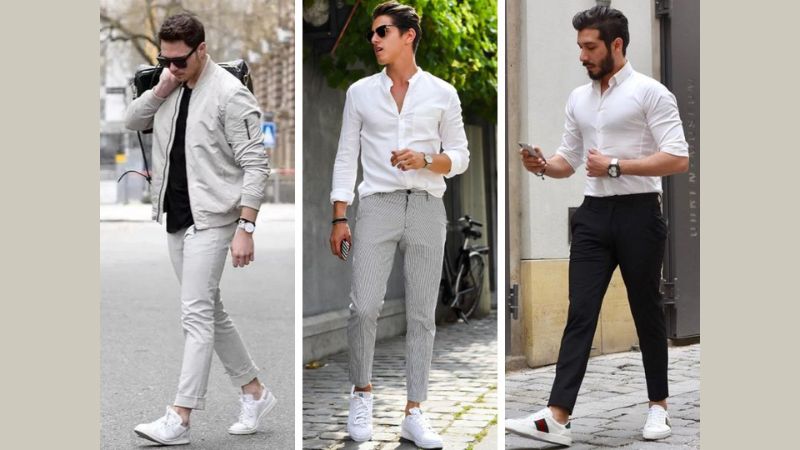 Quần âu phối với giày sneaker cùng áo sơmi