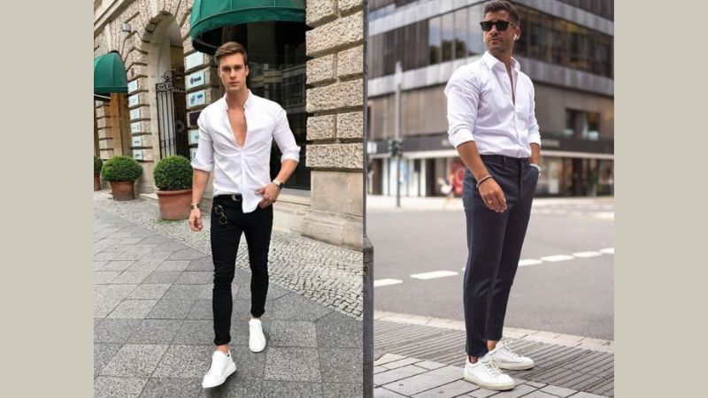 Quần âu đen phối giày sneaker trắng