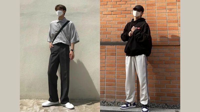 Quần âu phối với giày sneaker màu trung tính