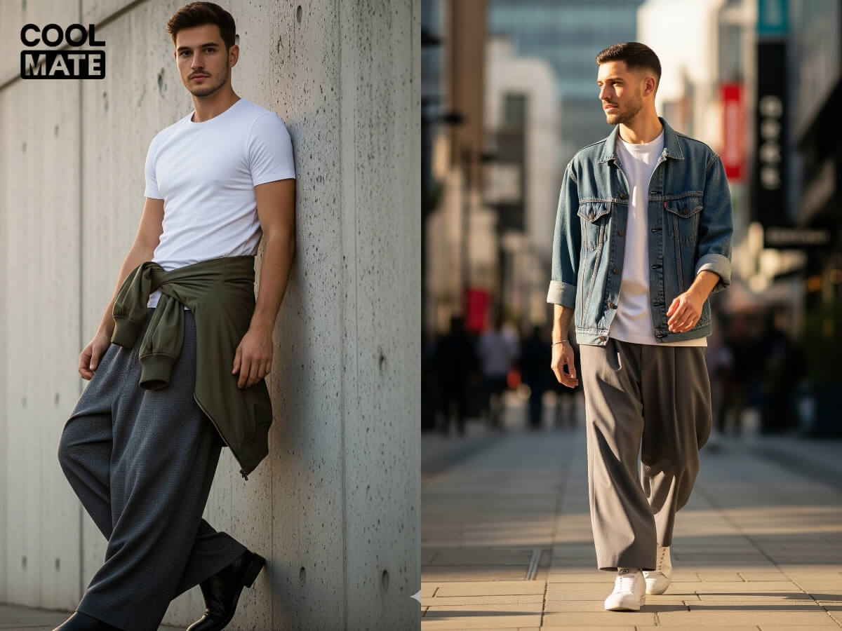 Phối quần vải nam ống rộng cùng áo khoác bomber, denim