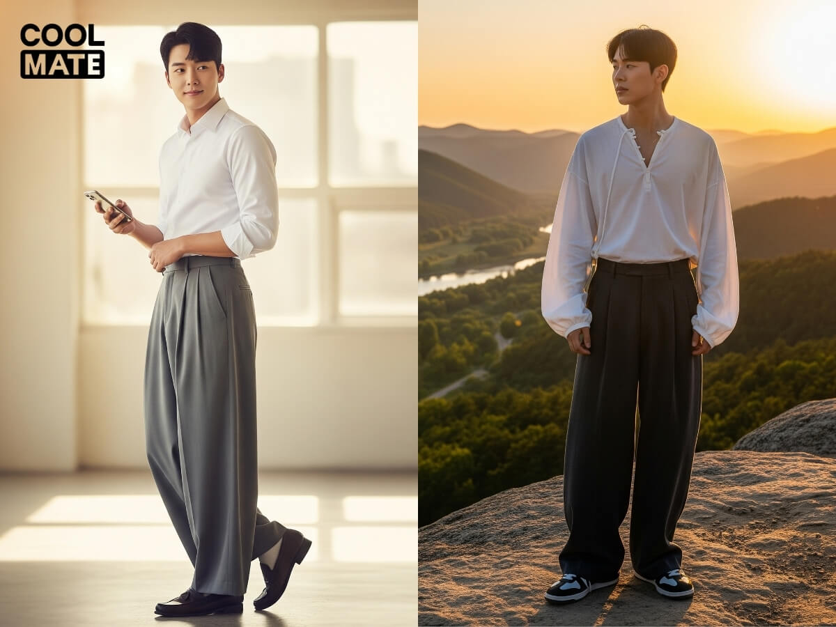 Phối quần vải nam ống rộng cùng áo sơ mi