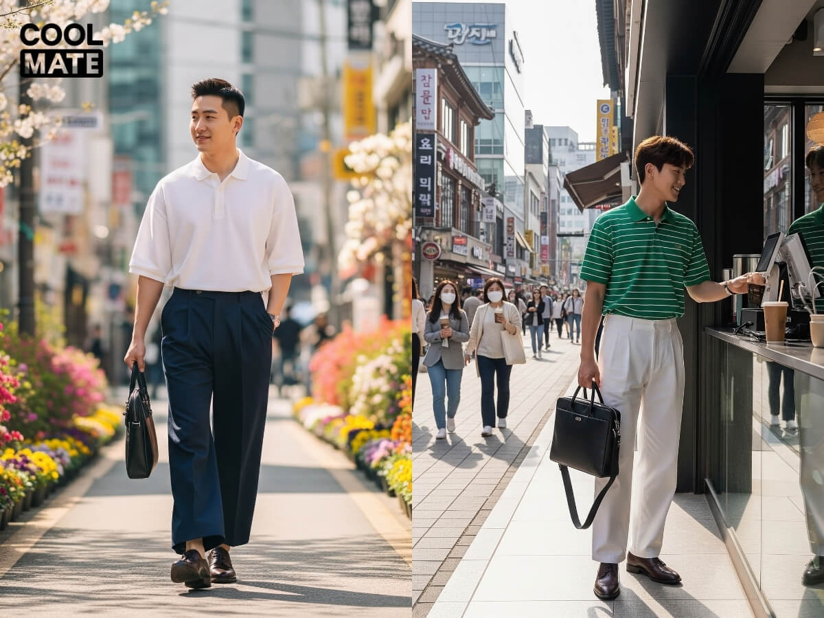 Phối quần vải nam ống rộng cùng áo polo