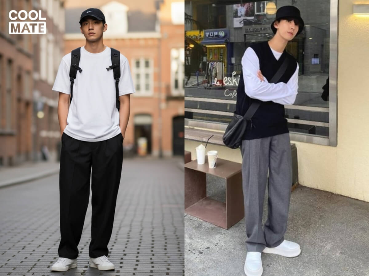 Phối quần vải nam ống rộng với áo thun basic