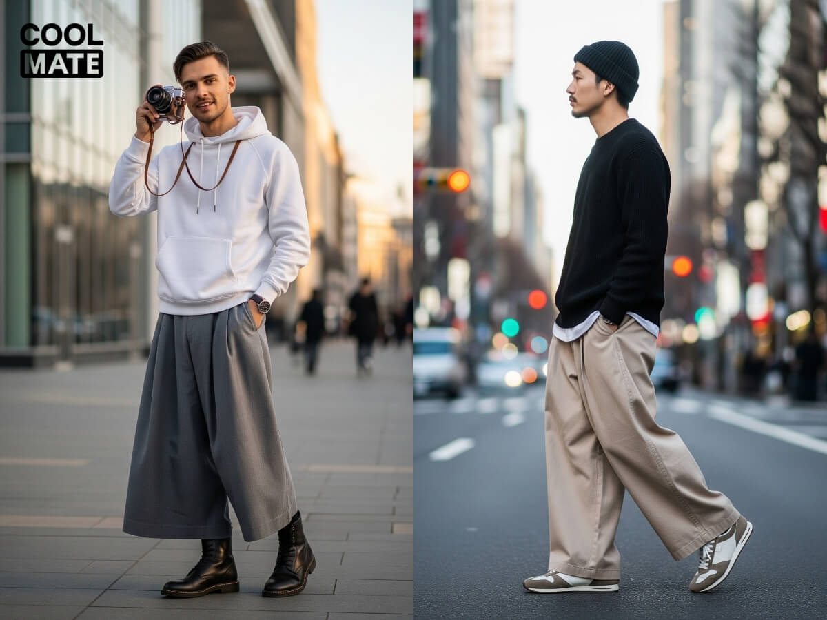 Mix hoodie hoặc sweater cùng quần vải nam ống rộng