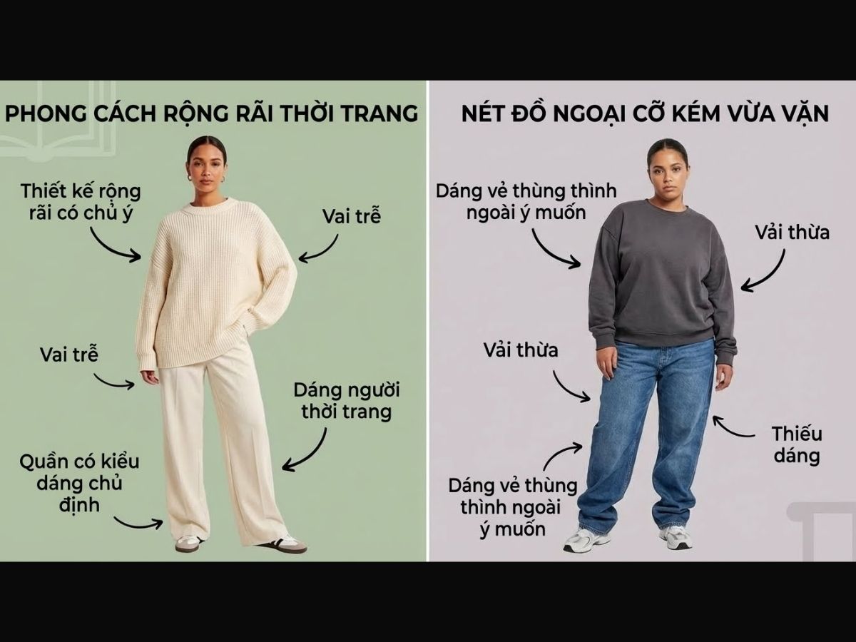 Hình ảnh so sánh song song: một người mẫu mặc đồ oversized và một người mẫu khác mặc đồ big size