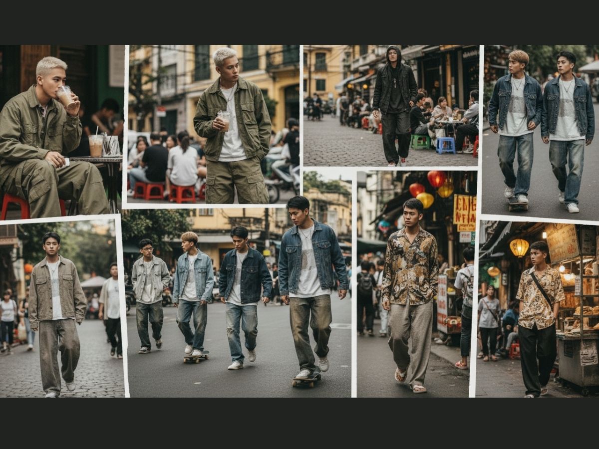 Chàng trai Hà Nội đang diện đồ oversized với nhiều phong cách khác nhau trên phố: đi cà phê, lướt ván, dạo phố cổ