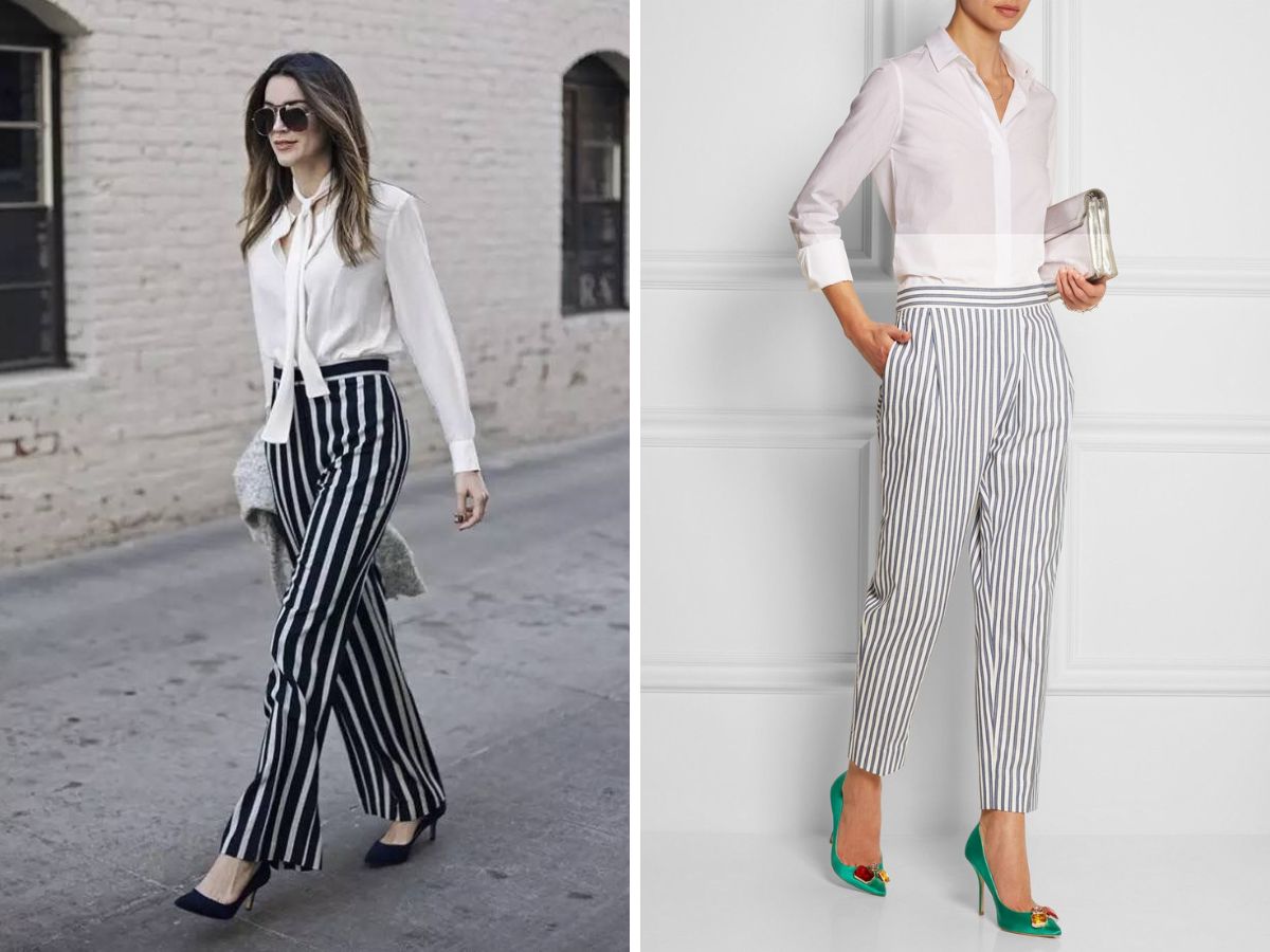 Sơ mi trắng hoặc xanh nhạt làm nổi bật họa tiết kẻ sọc của quần