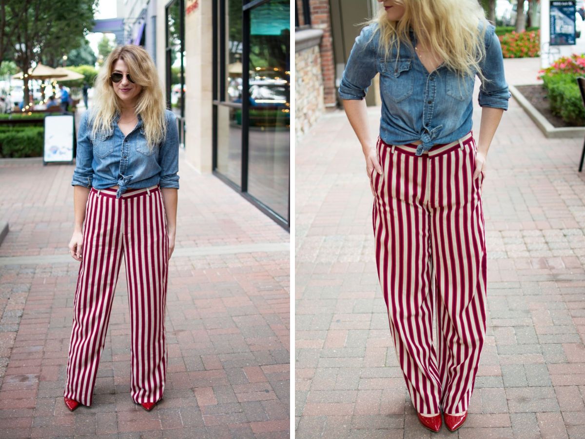 Sơ mi buộc vạt tạo điểm nhấn eo, kết hợp quần kẻ sọc ống rộng thật hiện đại