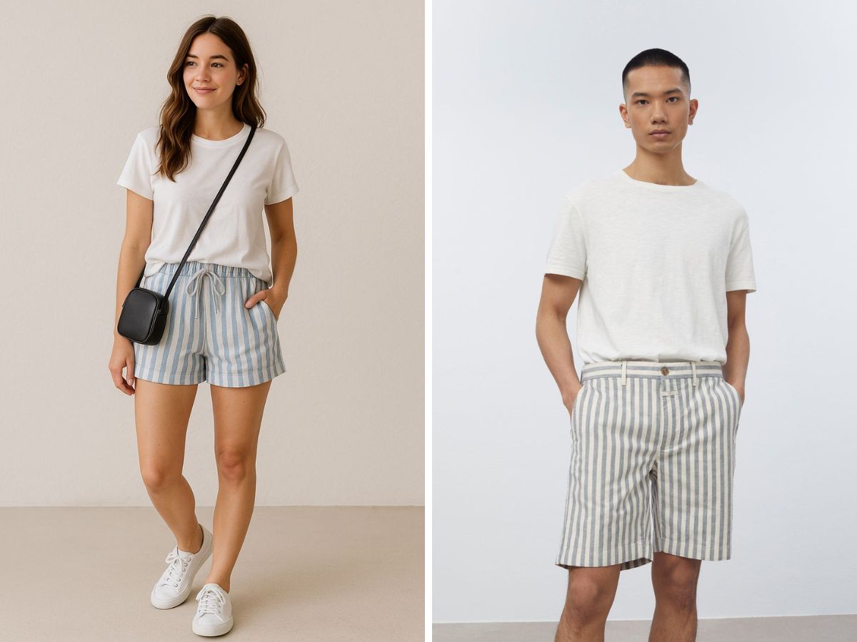 Áo thun và quần short kẻ sọc hoàn hảo cho đi biển, dạo phố