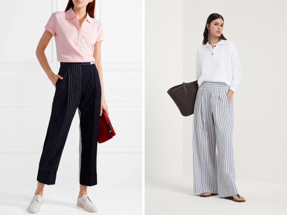 Phối áo polo và quần tây kẻ sọc