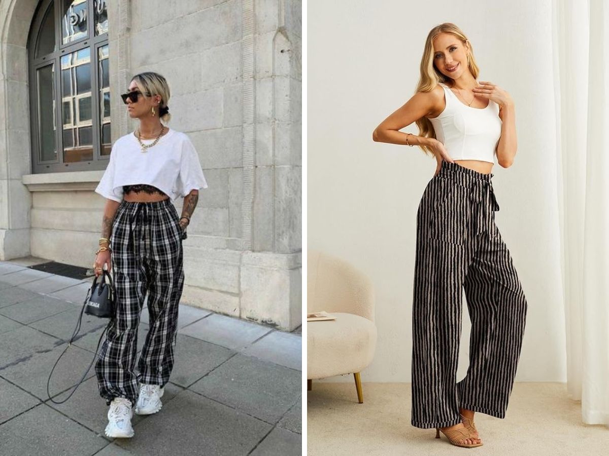 Phối áo croptop thun và quần kẻ sọc ống rộng