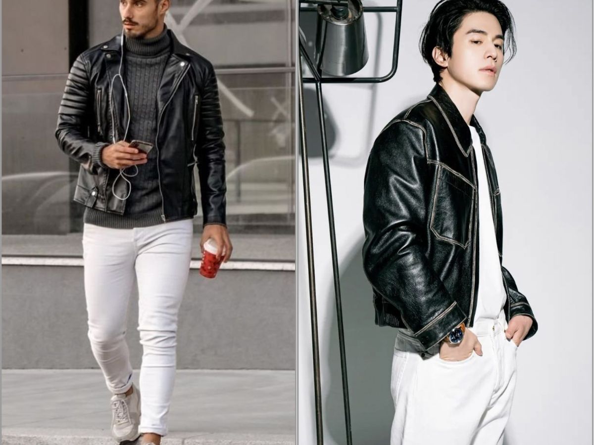 Kết hợp quần trắng với áo khoác da là một cách tuyệt vời để tạo nên phong cách nam tính