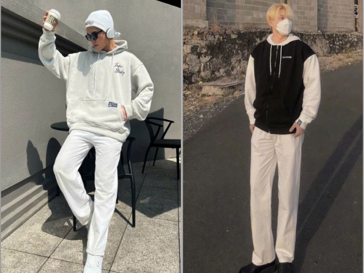 Quần trắng nam ống rộng phối hoodie