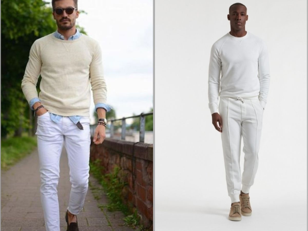 Phối quần trắng nam cùng với áo sweater rộng là một cách mix & match vô cùng phá cách