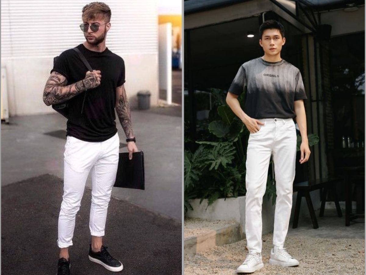 Phối quần trắng nam cùng với áo thun đơn giản, tiện lợi