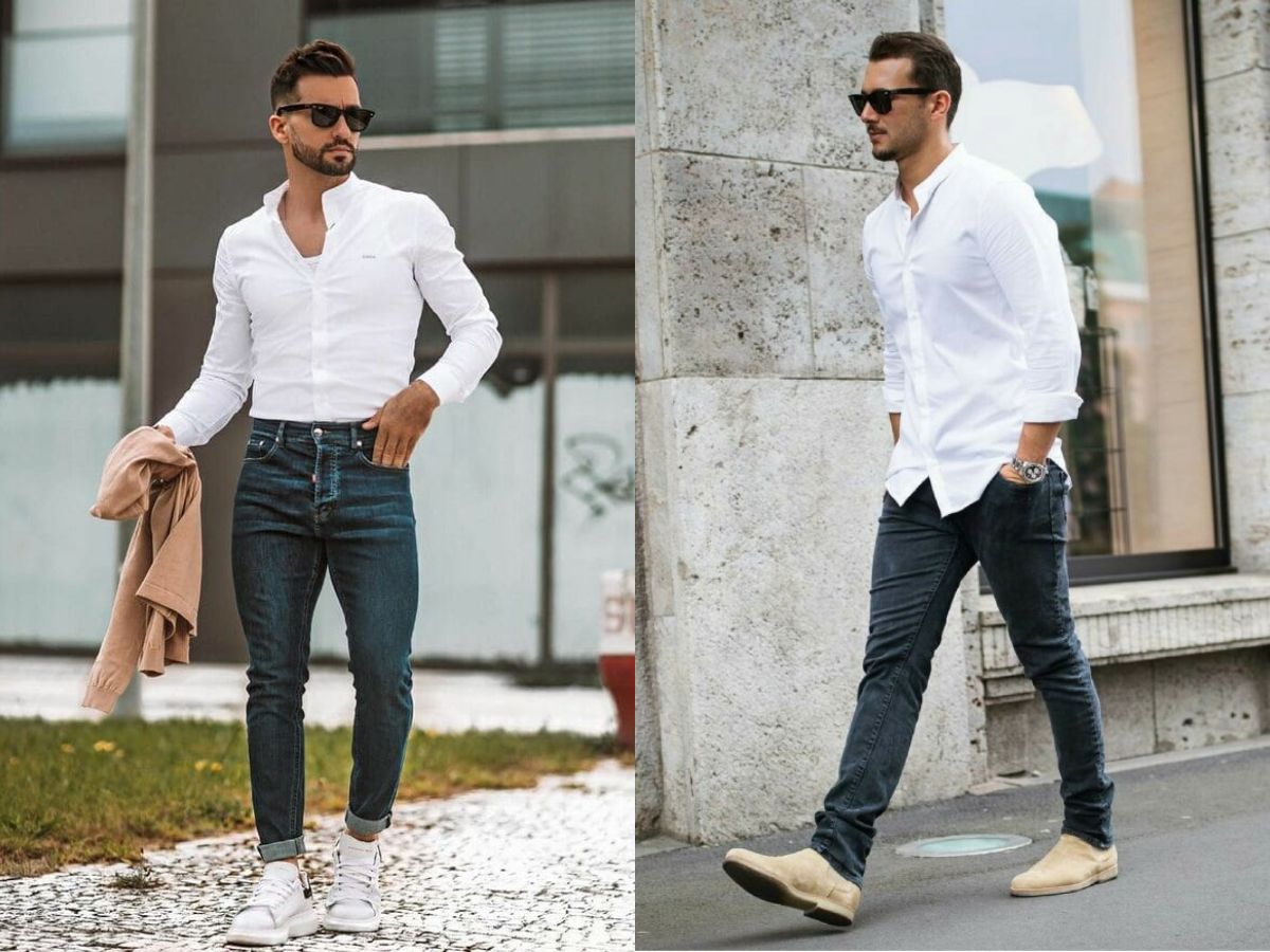 Bộ đôi quần jeans và áo sơ mi trắng kinh điển