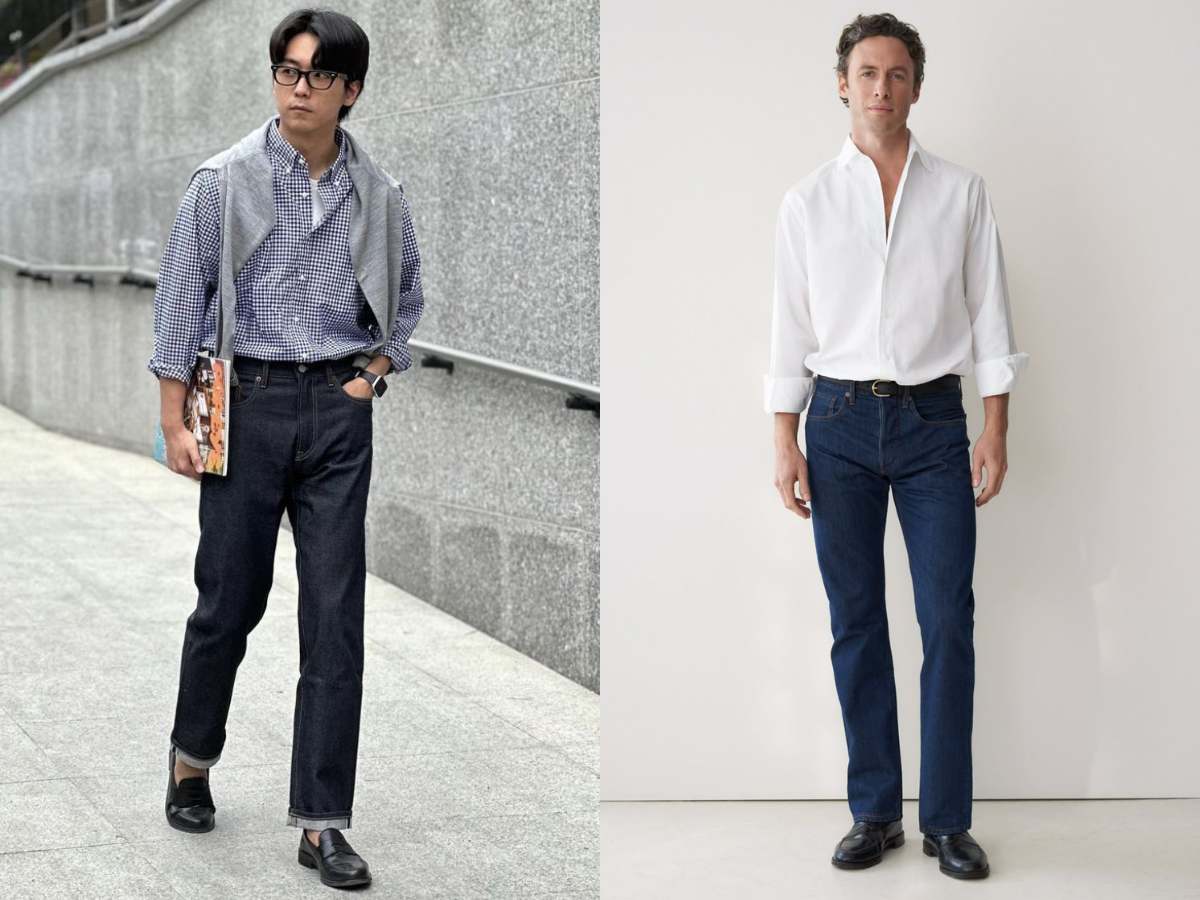 Phối quần jeans và giày loafer da bóng