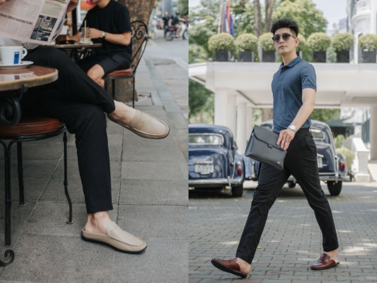 Phối giày sục nam với quần kaki đơn giản, thanh lịch cho mọi dịp