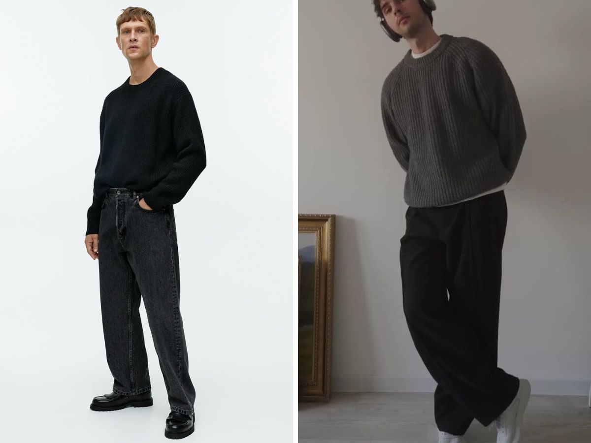 Quần jean đen ống rộng nam phối với áo len