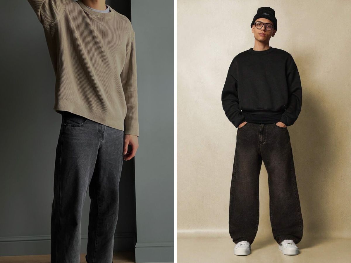 Quần jean đen ống rộng nam phối với áo thun dài tay