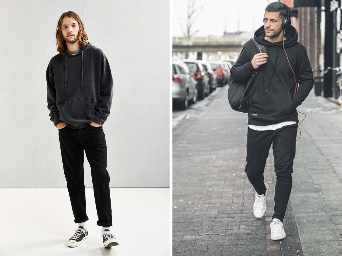 Quần jeans đen phối với áo hoodie không cầu kì nhưng vẫn rất cool ngầu, thần thái