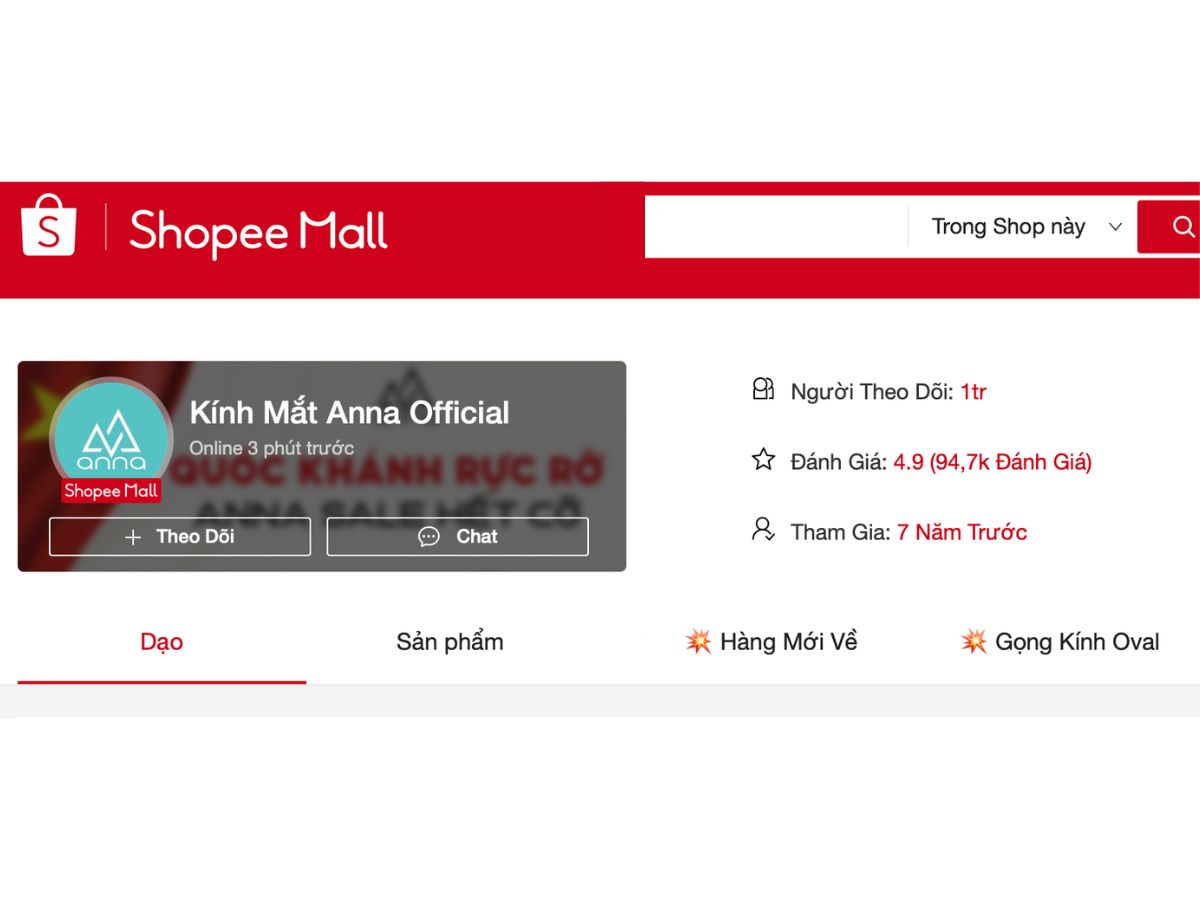 Kính Mắt Anna là thương hiệu quen thuộc với hệ thống cửa hàng offline rộng khắp và gian hàng Shopee Mall uy tín