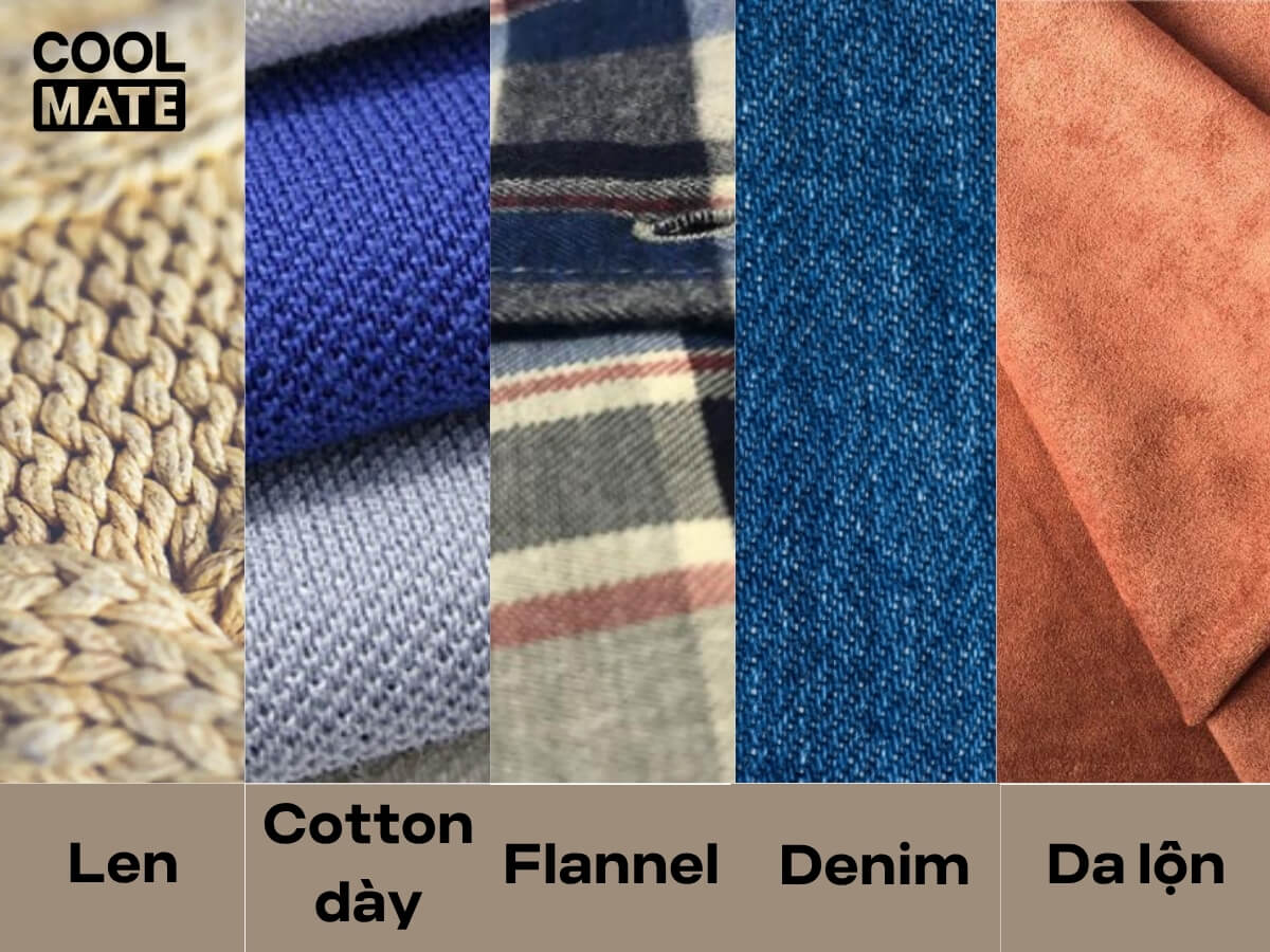 Chất liệu lý tưởng cho outfit mùa thu cho nam như len, cotton dày, flannel, denim, da lộn
