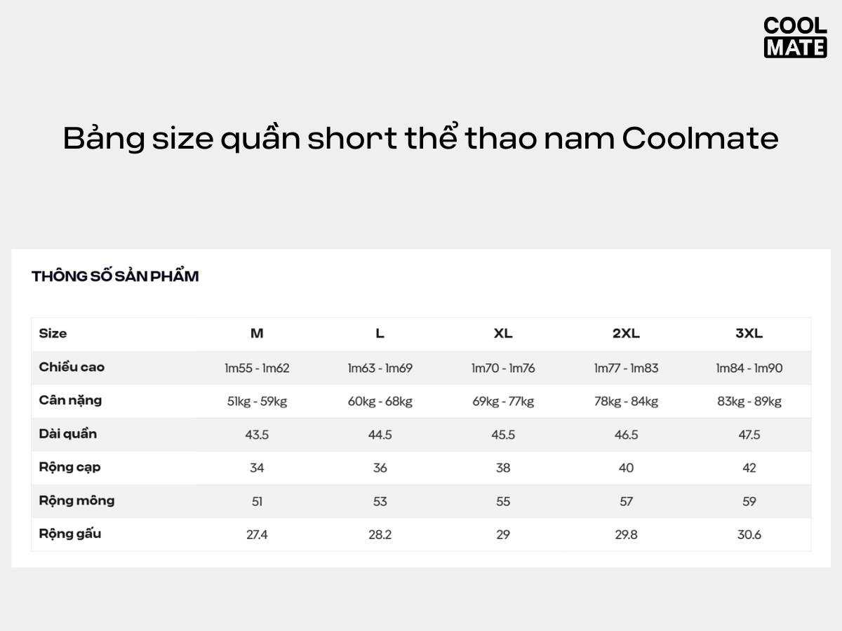 Bảng size quần short thể thao nam Coolmate