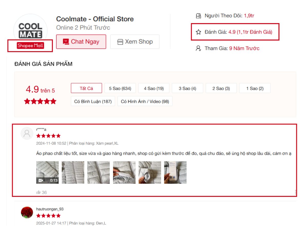 Mua áo khoác ở các shop uy tín dựa trên đánh giá shop 