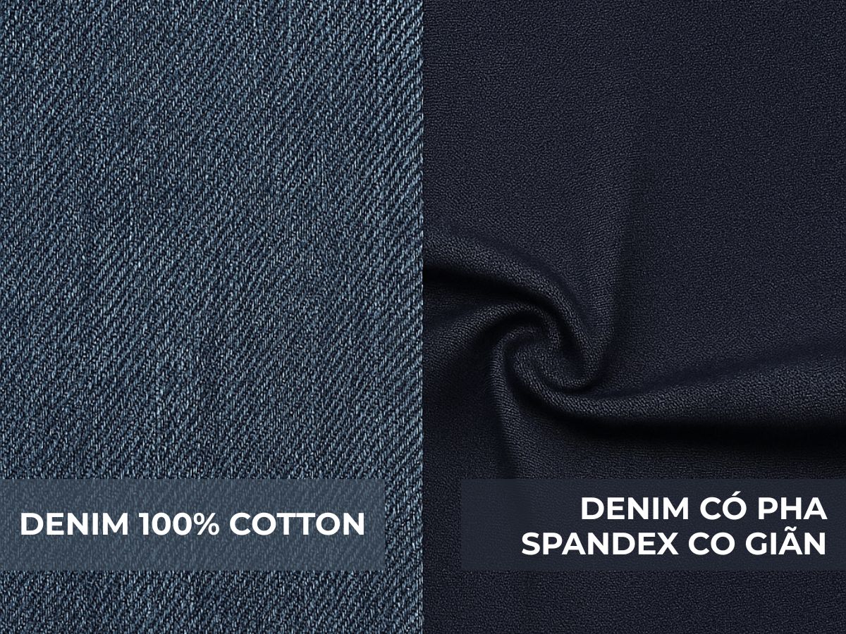 Denim 100% cotton và denim có pha spandex co giãn