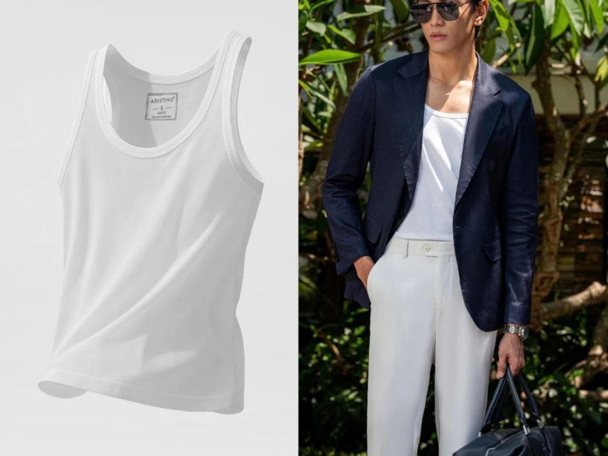 Áo ba lỗ Aristino màu trắng mặc trong phối cùng quần tây, phong cách chỉn chu