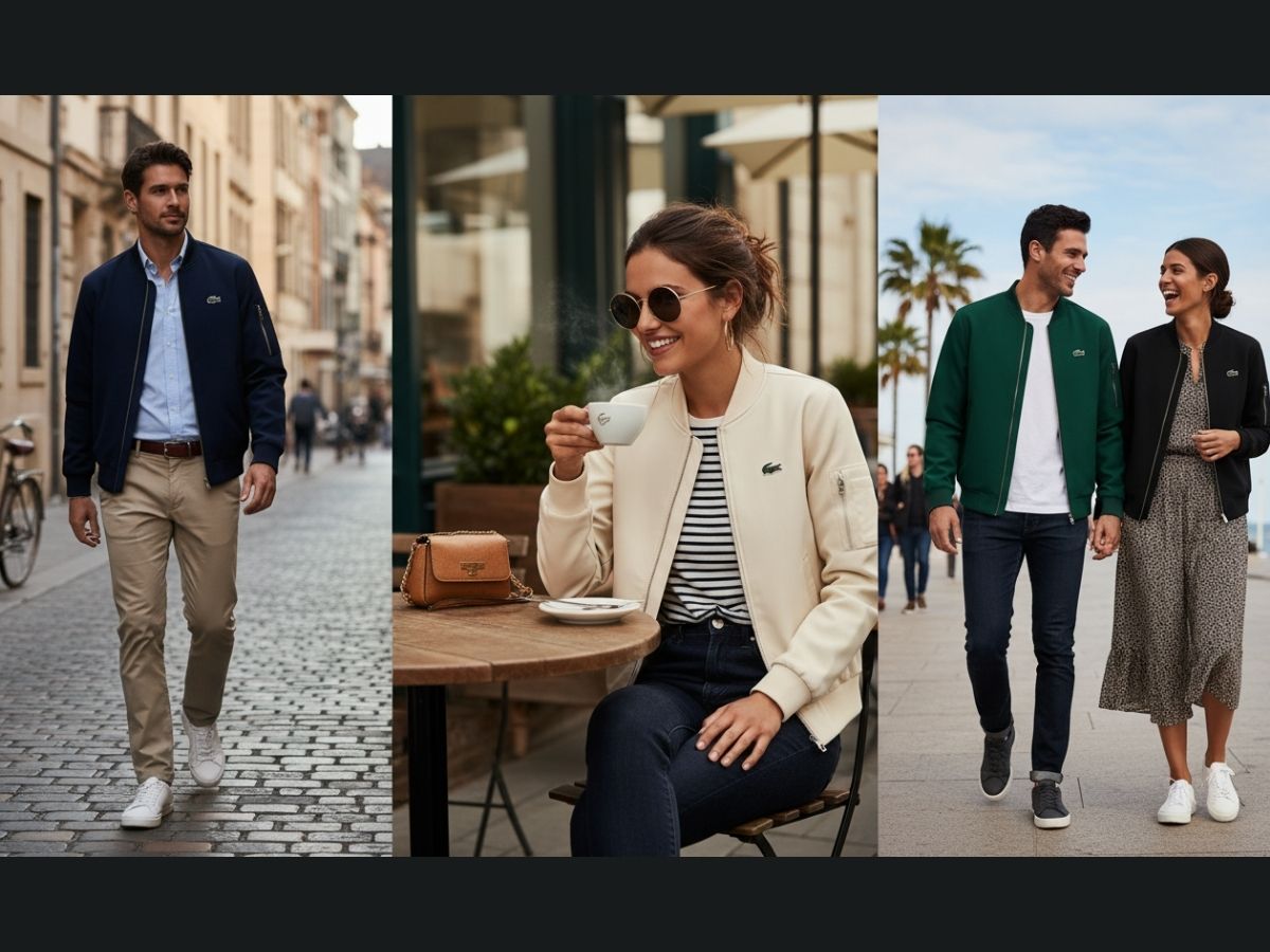 Người mẫu mặc bomber Lacoste trong bối cảnh smart-casual như dạo phố hoặc quán cafe