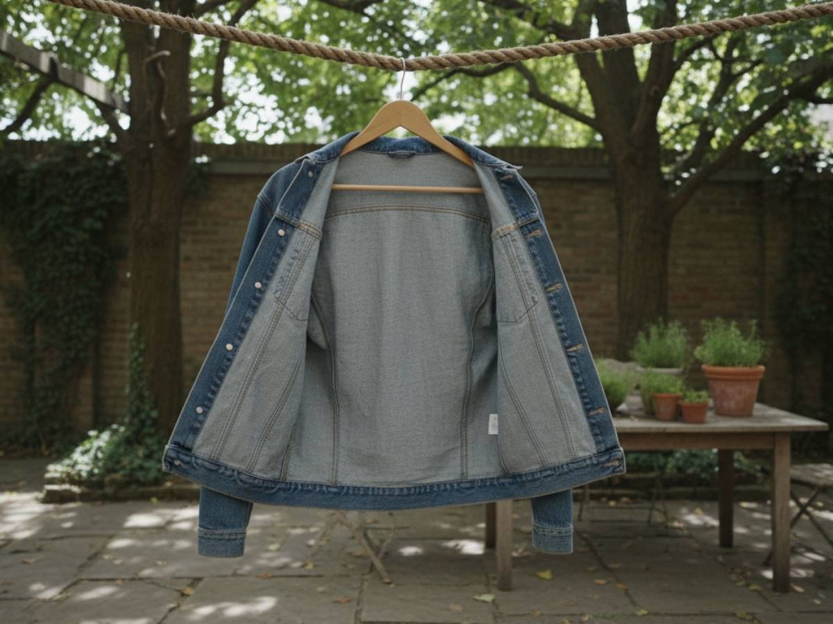 Áo khoác jean lộn trái được treo trên móc vai rộng, phơi ở nơi có bóng râm và gió