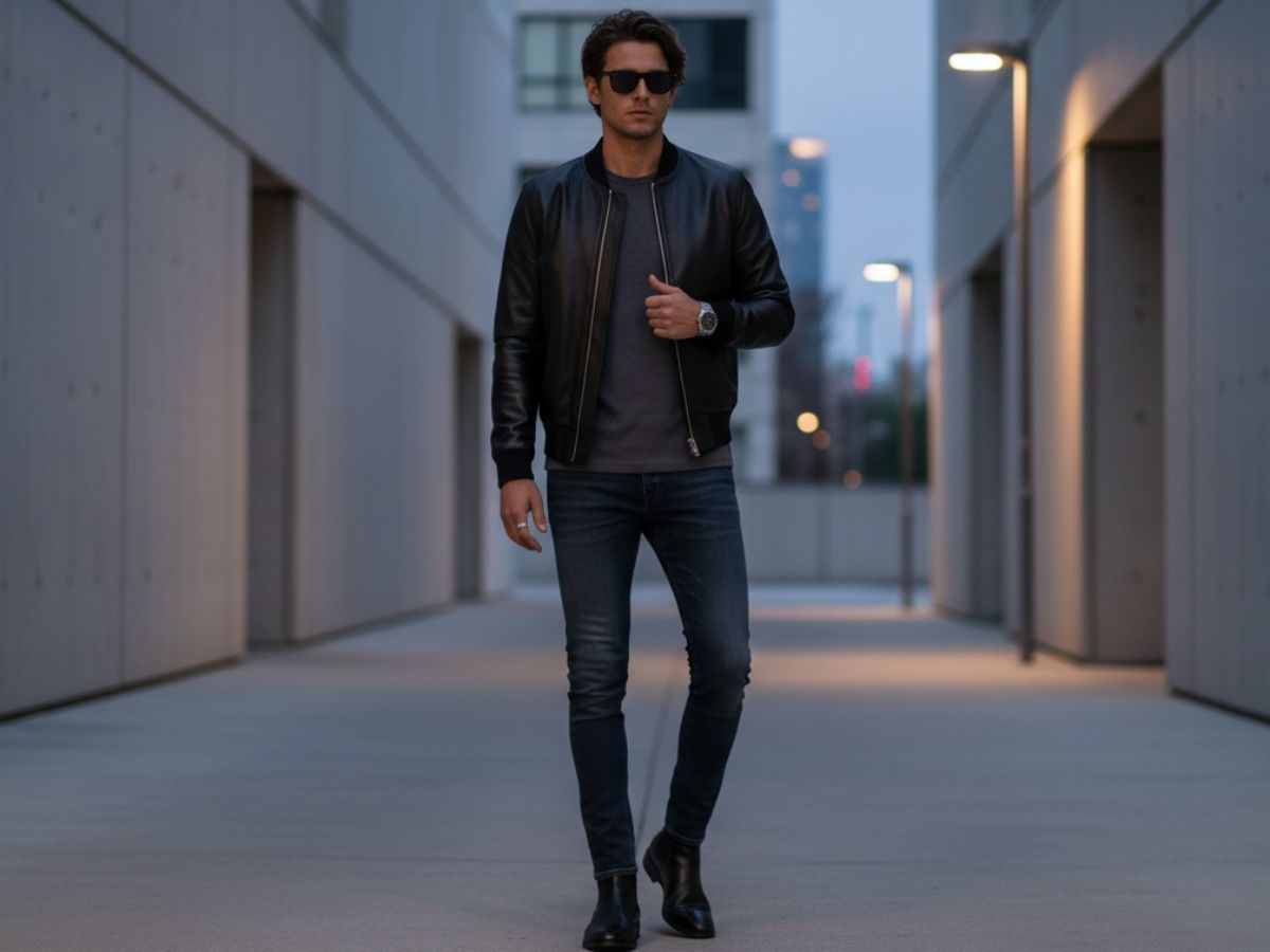 Người mẫu mặc bomber da của Saint Laurent, phối đồ tối giản toát lên vẻ "cool"