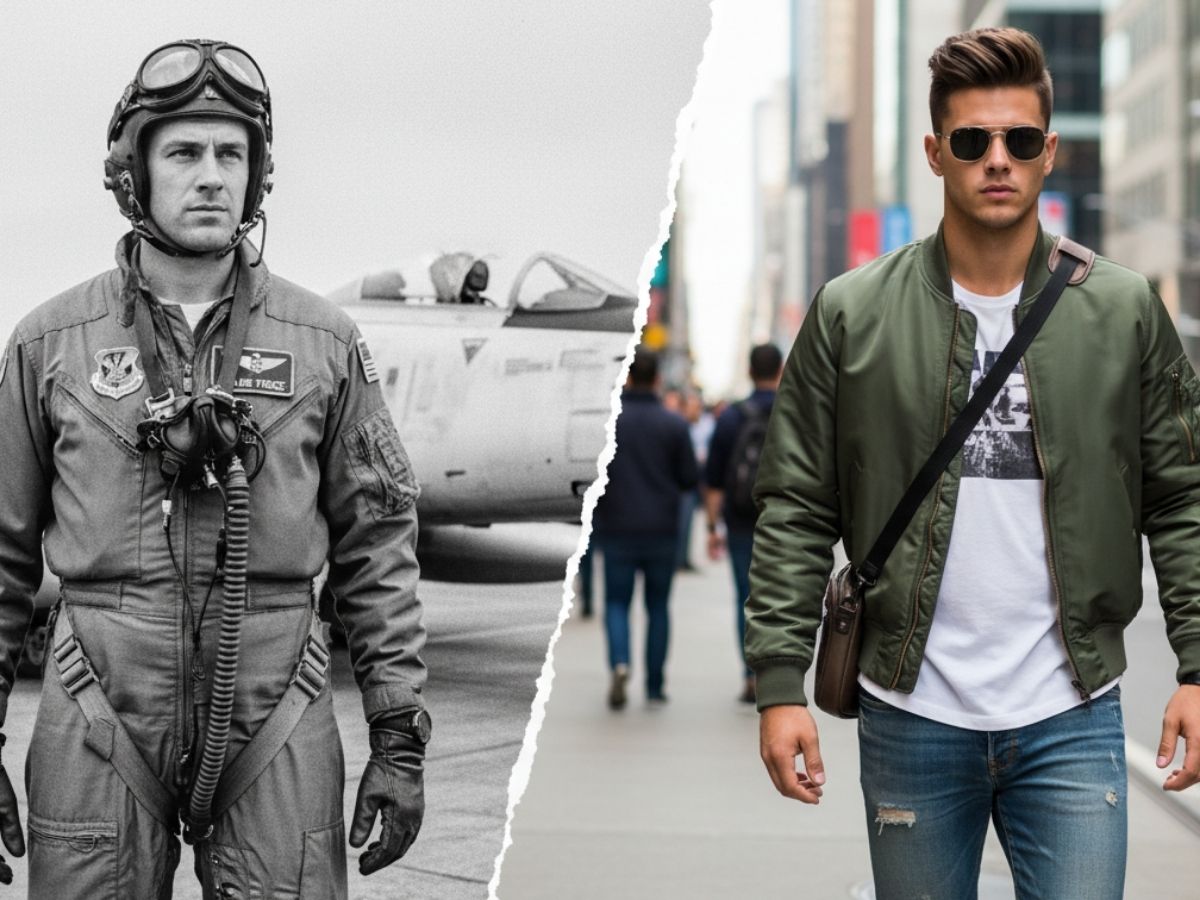 Ảnh phi công Mỹ mặc áo MA-1 xưa và một fashionista hiện đại mặc bomber trên phố