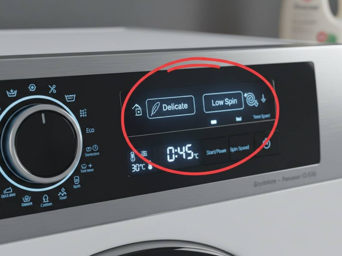 Bảng điều khiển máy giặt với chế độ "Delicate" và "Low Spin"