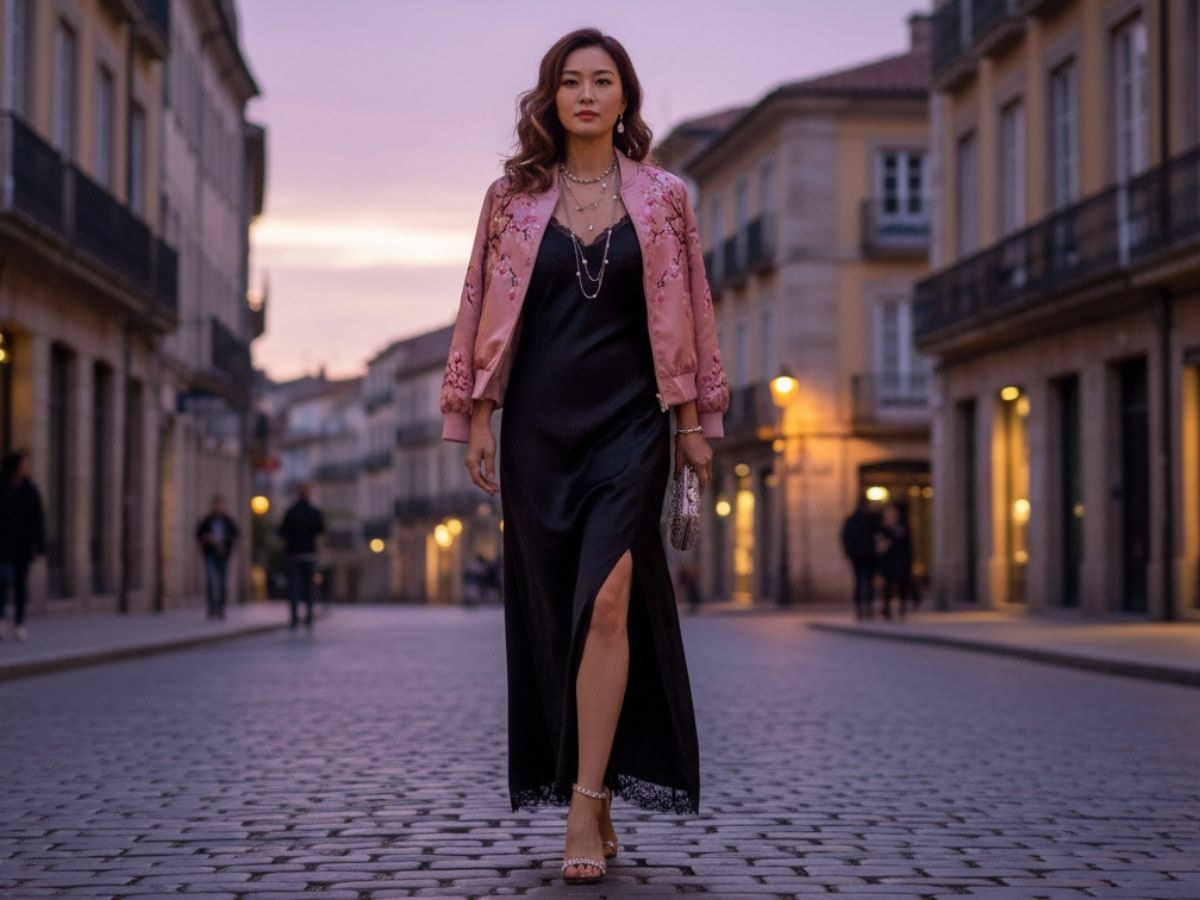 Bạn nữ mặc áo khoác bomber satin bên ngoài một chiếc váy lụa, phong cách thanh lịch
