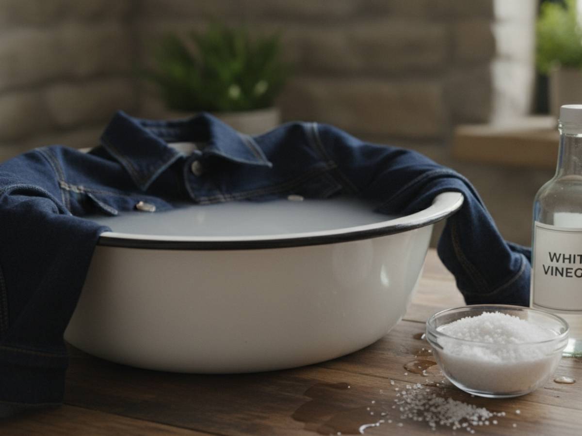 Chậu nước đang ngâm áo khoác jean, bát muối và chai giấm trắng