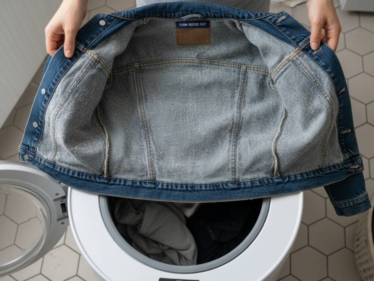 Hành động lộn trái áo khoác jean trước khi cho vào máy giặt